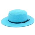 Detail of blue straw sun hat with black leather band and golden metal buckle decoration - Lake Blue