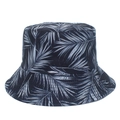 Detailed view of black bucket hat with white tropical palm leaf patterns and sturdy brim - Black White Palm Leaf