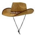 Detail view of woven straw sun hat featuring adjustable chin strap and branded ribbon band - Coffee