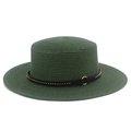 Detail of dark green straw hat with black leather band and gold rivet accents - Dark Green
