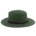 Detailed close-up of dark green straw boater hat with black leather band and brass buckle - Dark Green