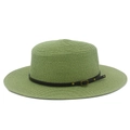 Detail of light green straw hat with woven texture, black leather band, and gold studs - Grass Green