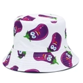 White canvas bucket hat with cute cartoon eggplant print for sun protection and fashion - One Size / White