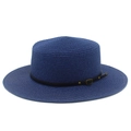 Detailed view of dark blue woven straw boater hat with black leather strap and gold buckle - Dark Blue