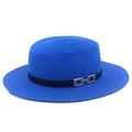 Elegante cappello di paglia blu acceso con nastro nero e fibbia in metallo dorato - Taglia unica / Blu Zaffiro