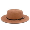 Detailed view of caramel flat-top straw hat with brown leather strap and buckle - Deep Pink