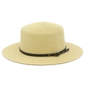 Close-up of flat-top straw boater hat featuring a brown leather band and metal buckle detail - Beige