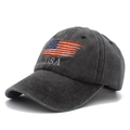 Close-up of vintage American flag embroidery and USA lettering on washed cotton cap - One Size / Dark Gray