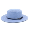 Detail of light blue flat top straw hat with black leather band and metal buckle accent - Light Blue