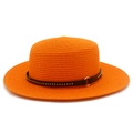 Detail of orange straw hat featuring dark brown leather band with gold studs and buckle - Orange
