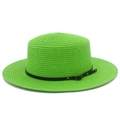 Neon green flat top straw boater hat with black leather strap and gold buckle - Emerald Green