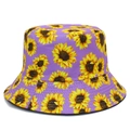 Detail view of purple sunflower bucket hat with yellow floral print and stitched brim - Purple