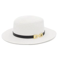 Detailed texture of white woven flat top straw hat with black leather band and gold buckle - One Size / White