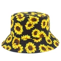Close-up of black bucket hat featuring yellow sunflower prints and detailed brim stitching - Black