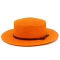Detail of orange flat top straw hat with brown leather belt and gold buckle accent - Orange