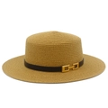 Cappello di paglia a testa piatta francese con tesa larga e cinturino in pelle per il sole - Taglia unica / Marrone