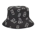 Street style black bucket hat with white dollar sign pattern and flat brim for sun protection - Line Art Symbol Print / Dollar Symbol Black