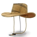 Detail of woven straw cowboy hat with metallic eyelets and adjustable chin strap - Brown