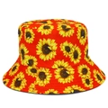 Unisex red bucket hat with yellow sunflower print for summer outdoor sun protection - Red