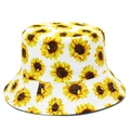 Close-up of vibrant sunflower print on breathable cotton canvas bucket hat - White