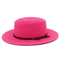 Detail of fuchsia boater hat weave with brown leather band and metallic rivet buckle - Rose Red