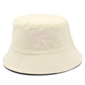 Detailed embroidery of a pink ribbon bow on a beige cotton bucket hat for women - One Size / Beige