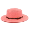 Detail of coral pink boater hat with dark brown leather belt and golden buckle - Pink