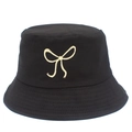 Detailed view of beige bow embroidery on a black cotton canvas bucket hat surface - One Size / Black