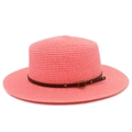 Macro shot of salmon pink straw hat featuring a brown leather band and gold rivet detail - Pink