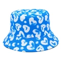 Detailed view of reinforced stitching on blue bucket hat with white heart pattern - One Size / Sky Blue