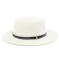 Detail of white straw boater hat with black leather strap and metallic stud accents - White