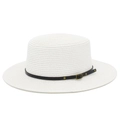 Close-up of white flat-top straw hat featuring a black leather band and metal buckle - White