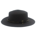 Detail view of a black straw boater hat with a metallic studded leather belt and gold buckle - Black