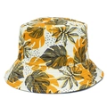 Dettaglio di motivi tropicali e cuciture rinforzate sul cappello a secchiello reversibile - Bianco Con Motivo A Foglie Tropicali Gialle E Arancioni (4#)