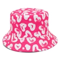 Hot pink bucket hat with white heart pattern prints and decorative reinforced stitching - One Size / Rose Red