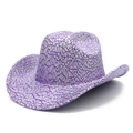 Wide brim silver western cowboy hat with purple laser geometric pattern for stage performance - One Size / Purple