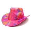 Detail of pink cowboy hat with colorful metallic plaid pattern and structured shape - Rose Red