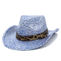 Close-up of cowboy hat with blue geometric cracks, leopard band, and gold rivet - Blue