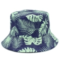 Cappello a secchiello blu navy reversibile con foglie tropicali e strisce bianche - Blu Navy Con Motivo A Foglie Tropicali Verde Chiaro (1#)