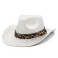 White party cowboy hat with sequin finish, leopard band and golden stud accents - Silver