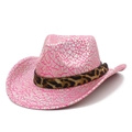 Pink and silver geometric sequin cowboy hat with leopard print band and gold studs - Rose Red