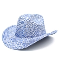 White Western cowboy hat with blue laser sequin geometric patterns and wide brim for stage - One Size / Blue