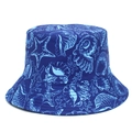 Dark blue bucket hat with light blue ocean patterns of starfish and coral for summer sun protection - Dark Blue