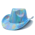 Bunter irisierender blauer Cowboyhut mit Schlangenmuster und gebogener Krempe für Partys - Irisierendes Blau Schlangenmuster