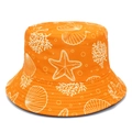 Reversible bright orange bucket hat featuring white starfish and coral ocean patterns - Orange