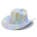Kleurrijke cowboyhoed met slangenpatroon, brede rand en levendige regenboogafwerking - Holografisch Zilver