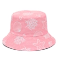 Pink reversible bucket hat with white starfish and seashell print for summer outdoor sun protection - Pink