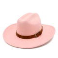 Dettaglio cappello fedora rosa in lana con cinturino in pelle marrone e fibbia metallica - Rosa