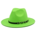 Dettaglio del cappello fedora verde neon con fascia in pelle nera e anelli di metallo - Taglia unica / Verde Fluorescente