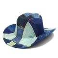 Classic fedora hat with blue denim patchwork print and wide brim for parties - Dark Blue Denim Patchwork (Color 1)